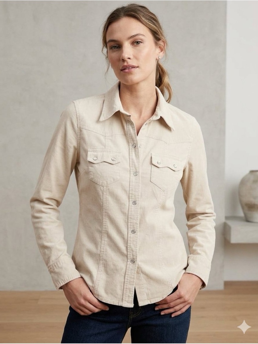 Vintage GAP Cream Corduroy Western Pearl Snap Button Down Shirt Jacket Size M